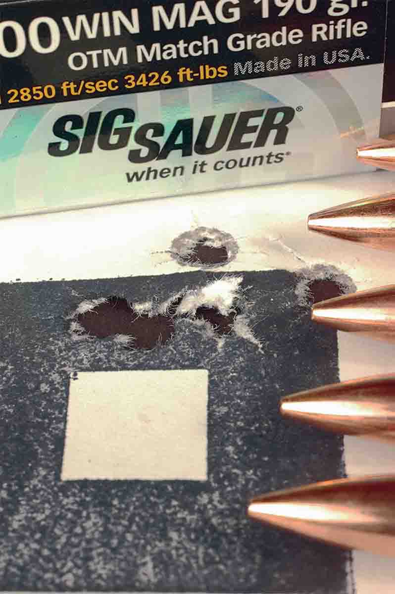 SIG Sauer Elite Performance .300 Winchester Magnum cartridges are loaded with 190-grain OTM bullets. Five of the bullets shot this group at 100 yards.